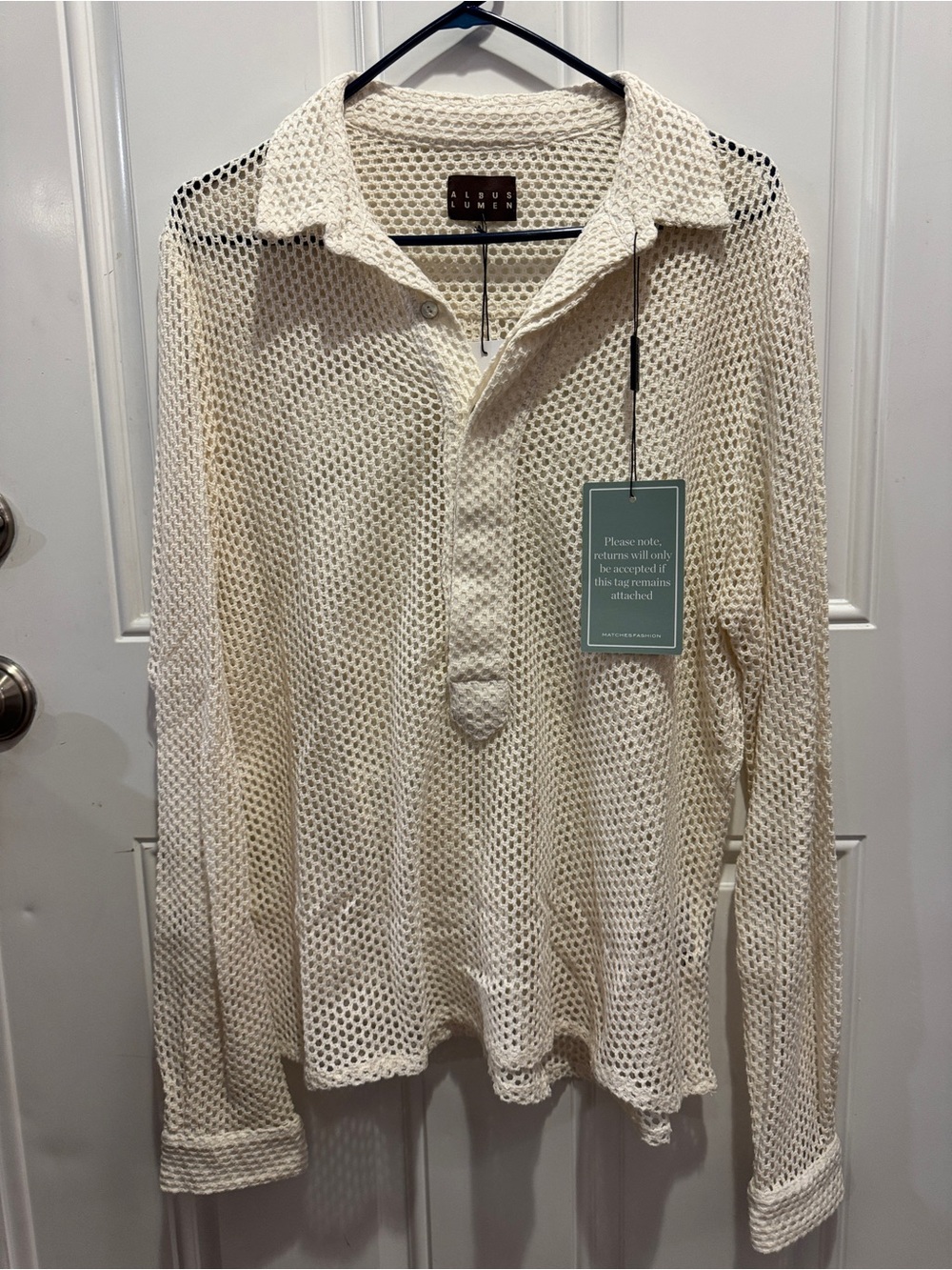 NWT Albus Lumen Cream Mesh Knit Long-Sleeve 100% Silk Polo Shirt Textured Weave